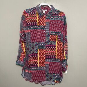 Tribal Sport Women's Button Down Shirt S P Limoncello Geometric Patchwork Tunic